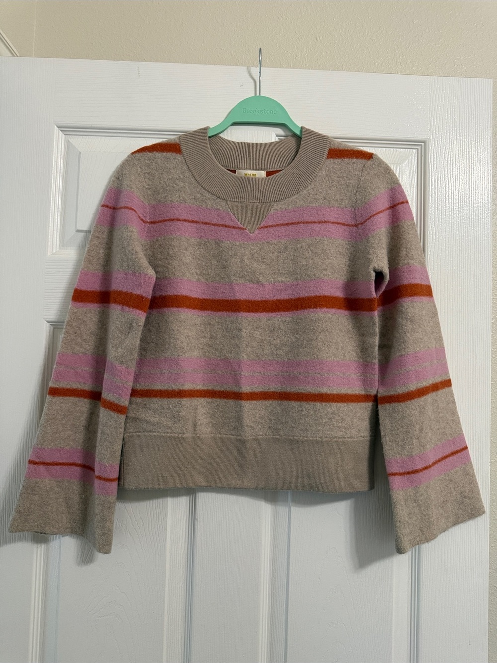 Anthropologie Mauve Taupe Crewneck Sweater with Pink & Orange Stripes
